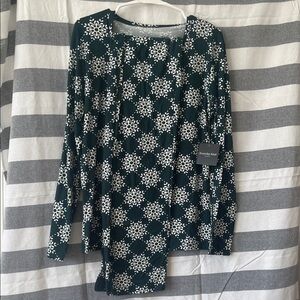 Elegant Floral Long Sleeve Blouse and PJ pants in Green and White